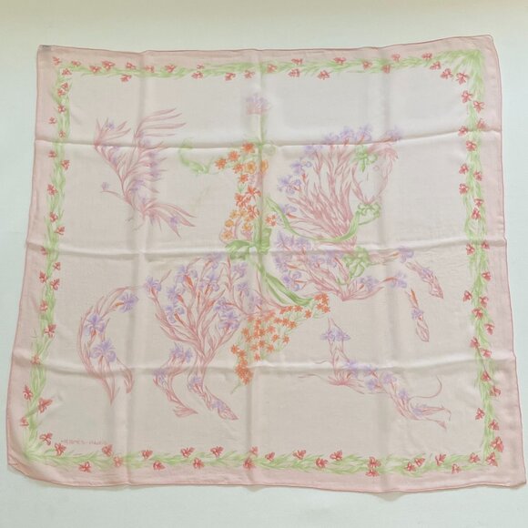 Hermes Scarf Cheval Fleuri H.d’Origny 90 cm Chiffon Silk mousseline - Picture 1 of 11
